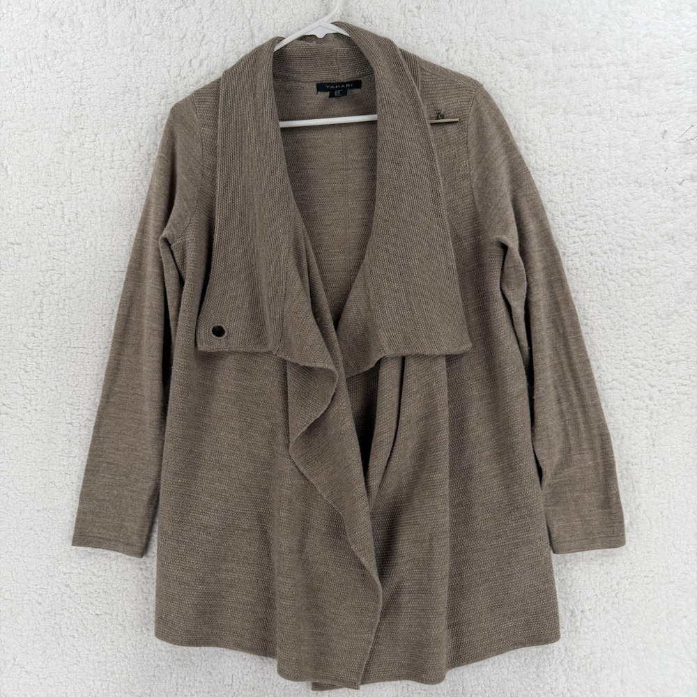 Tahari Sweater Womens Medium Beige Cowl Neck Wrap Open Front‎ Long Cardigan Knit